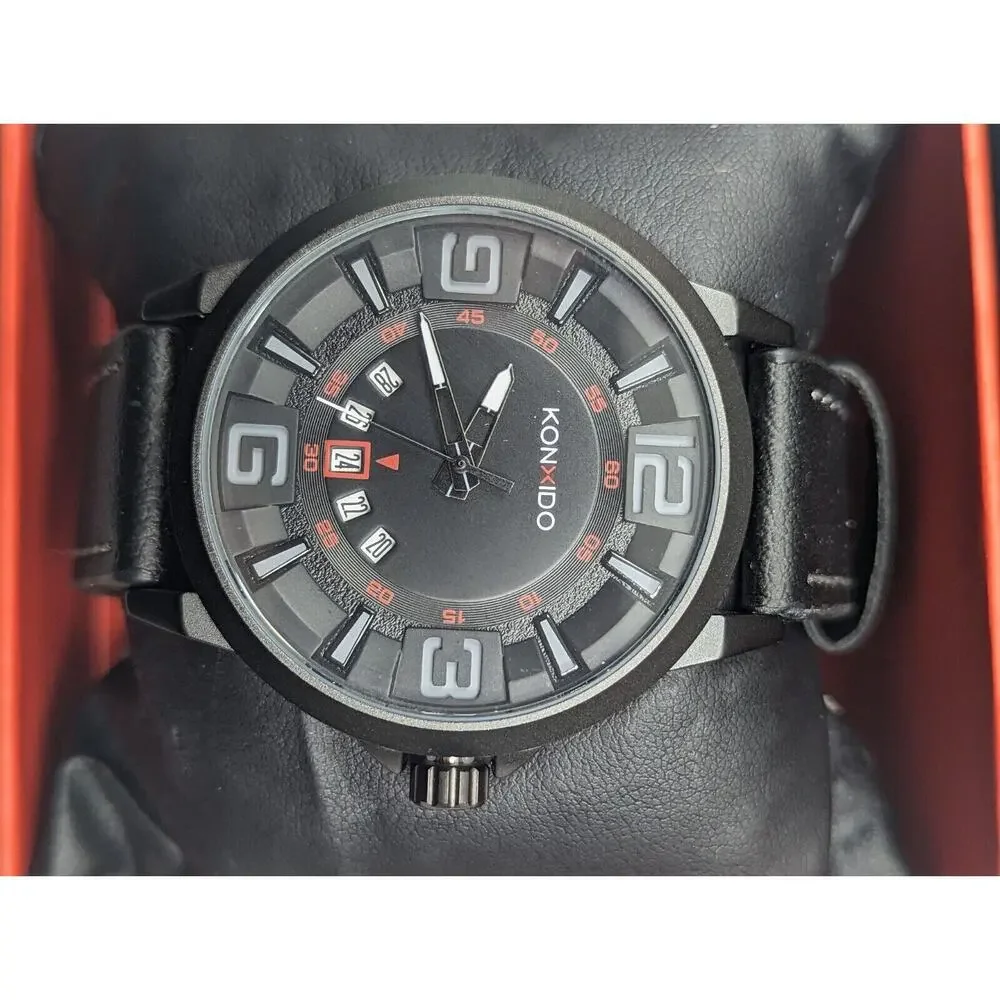 KONXIDO Mens Black Red Accents w/ black Leather Band Analog‎ Quartz Watch KX6331